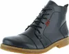 A black leather boot with black laces and a brown sole, shown from a side angle against a white background. Produktbild-Vorschau