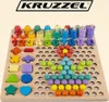 A wooden educational toy with colorful beads, numbers, and shapes arranged on a pegboard. Produktbild-Vorschau
