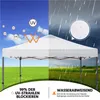 A white pop-up canopy tent is shown in a split image. The left side depicts a sunny sky with UV symbols, indicating UV protection. The right side shows a rainy sky with water droplets on the canopy, highlighting its water-repellent feature. Produktbild-Vorschau