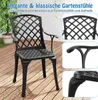 A black garden chair is shown on a wooden deck, with close-up insets highlighting its design. Podgląd zdjęcia produktu