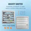 A marketing image showing a gravity shutter fan with its features highlighted. Voir les images du produit
