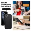 Collage of images showing a black phone case with a card slot, a woman using a phone, and a person holding a phone case. Podgląd zdjęcia produktu
