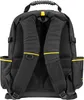 The back view of a black tool backpack with yellow accents. Voir les images du produit