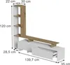 A diagram showing the dimensions of a white and wood-grain lowboard/media console with shelving. Náhled obrázku produktu