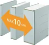Three gray document folders are shown side-by-side, with an orange arrow overlay indicating a maximum width of 10 cm. Anteprima dell’immagine prodotto