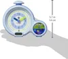 A light blue alarm clock and sleep trainer with a circular clock face and a smaller circular display showing animated scenes. Produktbild-Vorschau