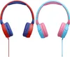 Two pairs of headphones, one red and blue, the other pink and light blue, are shown against a white background. Produktbild-Vorschau