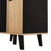 A close-up view of the bottom section of a modern cabinet with wooden and black panels, resting on four black legs. Produktbild-Vorschau
