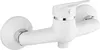 A white shower faucet with silver accents against a white background. Produktbild-Vorschau