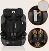 A collage of images showcasing a black car seat with close-ups of its features and instructions. Produktbild-Vorschau