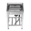 A stainless steel sink with a stand and drainpipe, shown from a top-down perspective against a white background. Produktbild-Vorschau