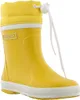 A yellow rubber boot with a white sole and a yellow knitted cuff.