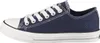 A side view of a navy blue canvas sneaker with white laces and a white sole. Produktbild-Vorschau