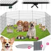 A collage of images showing a pet playpen with puppies, guinea pigs, and a rabbit inside, along with accessories and close-ups of a dog and the playpen's mesh. Produktbild-Vorschau