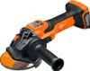 A cordless angle grinder with an orange and black body, shown from a diagonal angle against a white background. Produktbild-Vorschau