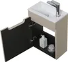 A bathroom vanity set with the cabinet door open, showing storage space and items inside. Produktbild-Vorschau
