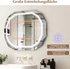 A bathroom mirror with LED lighting and a reflection of a shower. Voir les images du produit