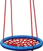 A round swing with a blue padded rim and a red net seat, suspended by red ropes. Produktbild-Vorschau
