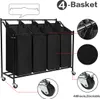A multi-compartment laundry basket with wheels, shown with close-up details of its construction. Voir les images du produit