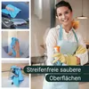 A collage showing microfiber cloths being used for cleaning various surfaces, with a woman in the background holding cleaning supplies. Anteprima dell’immagine prodotto