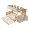 A triple bunk bed with a pull-out trundle bed, made of light-colored wood and white panels, shown against a white background. Náhľad obrázku produktu