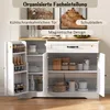 A white and natural wood sideboard with its doors and drawer open, displaying its interior storage compartments. Produktbild-Vorschau