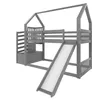 A grey bunk bed with a slide and a house-shaped frame, shown against a white background. Produktbild-Vorschau
