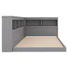 A grey bed frame with a built-in bookshelf headboard and slatted base, shown from a side angle against a white background. Produktbild-Vorschau