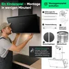 A man is installing a black range hood above a stovetop, with various mounting accessories and a diagram of the product shown. Anteprima dell’immagine prodotto