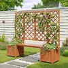 A wooden bench with integrated planters and a trellis, set in a garden. Produktbild-Vorschau