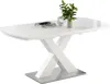 A white dining table with a modern X-shaped base and a metallic rectangular base. Anteprima dell’immagine prodotto