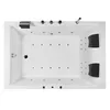 A top-down view of a white bathtub with black headrests and various jets. Produktbild-Vorschau