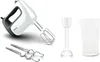 A collection of kitchen appliances, including a hand mixer, beaters, and a blending attachment, arranged against a white background. Produktbild-Vorschau