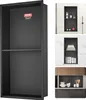 A collage of images showing a black recessed shelf unit in different settings, including a bathroom and a kitchen. Podgląd zdjęcia produktu
