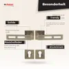 Marketing image showcasing door handles and escutcheons with feature callouts. Produktbild-Vorschau
