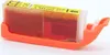 A yellow and clear ink cartridge with red and orange ink, resting in an orange plastic holder. Produktbild-Vorschau