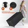 A woman is shown tilting a black storage box with wheels, demonstrating its portability. Insets show close-ups of the wheels and handles. Produktbild-Vorschau