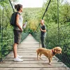 A woman and a child are walking across a suspension bridge with a dog. Produktbild-Vorschau
