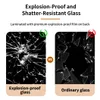 A comparison of explosion-proof glass versus ordinary glass, showing how each breaks. Voir les images du produit