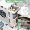 A white rolling cart with shelves and a tabletop is placed next to a washing machine and a bathroom vanity. The cart holds toiletries and towels. Text overlays highlight features like easy movement and 360-degree rotation. Produktbild-Vorschau