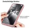 Hands holding a pink phone case with a phone inside, showcasing its dual-layer structure and ease of installation. Produktbild-Vorschau