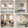 Collage of four different bathroom and vanity settings featuring round LED mirrors. Voir les images du produit