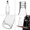 A collage of four images showing a glass bottle from different angles, including a close-up of the cap and neck, a close-up of the base with markings, and a person holding the bottle. Produktbild-Vorschau