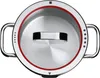 A top-down view of a stainless steel pot lid with a red rim and a silver handle. Podgląd zdjęcia produktu