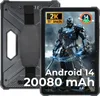 A rugged tablet is shown with a protective case and a screen displaying a futuristic character and product specifications. Produktbild-Vorschau