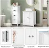 A collage of images showing a white bathroom cabinet with a sink, a tall white cabinet with drawers, and close-ups of its features like hinges, water-repellent surface, handles, and magnetic doors. Produktbild-Vorschau