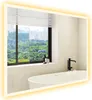 A modern bathroom with a bathtub and a large LED mirror reflecting a window with a city view. Produktbild-Vorschau