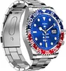 A close-up, angled view of a smartwatch with a blue and red bezel and a silver metal band, set against a white background. Náhľad obrázku produktu