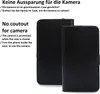 Two black phone cases are shown side-by-side, with text explaining that there is no cutout for the camera and how to use the camera with the case. Produktbild-Vorschau