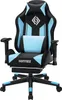 A gaming chair with blue and black accents, featuring a headrest, lumbar support, and a retractable footrest. Podgląd zdjęcia produktu